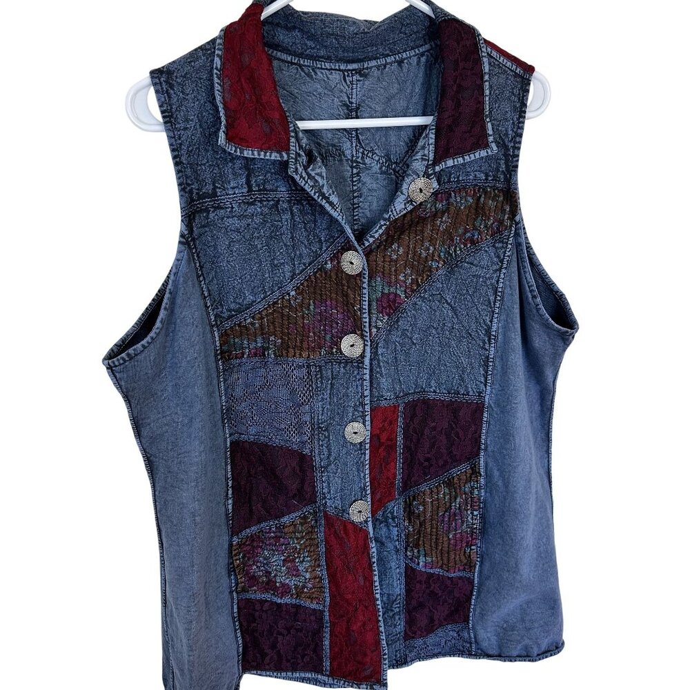 Parsley & Sage Womens Vest Patchwork Buttont XL Denim & Lace Art to Wear India
